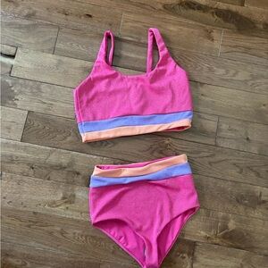 Beach Riot Hot Pink Kids Two-Piece Bikini with Lavender and Peach Bands